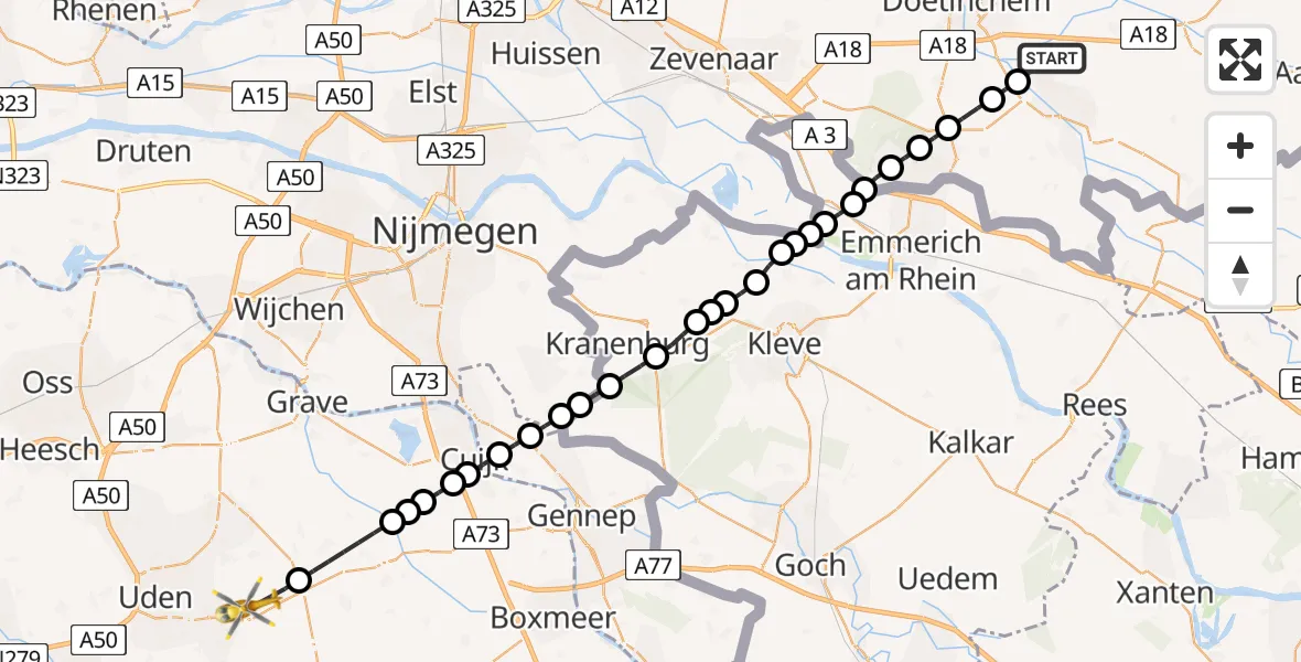 Vluchtroute Traumahelikopter van Gaanderen naar Vliegbasis Volkel