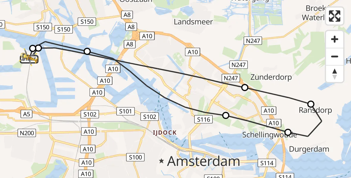 Vluchtroute Traumahelikopter van Amsterdam Heliport naar Amsterdam Heliport