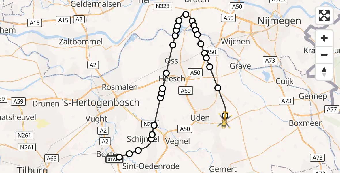 Vluchtroute Traumahelikopter van Boxtel naar Vliegbasis Volkel