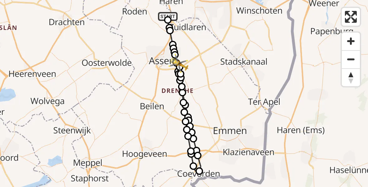 Vluchtroute Traumahelikopter van Groningen Airport Eelde naar Rolde