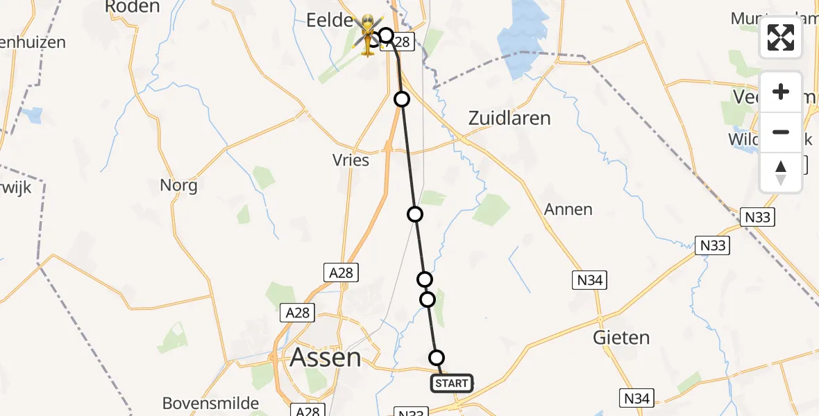 Vluchtroute Traumahelikopter van Rolde naar Groningen Airport Eelde