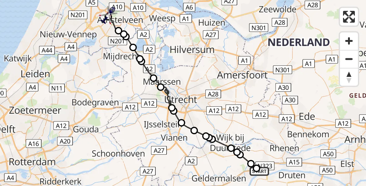 Vluchtroute Politiehelikopter van Echteld naar Amsterdam Vliegveld Schiphol