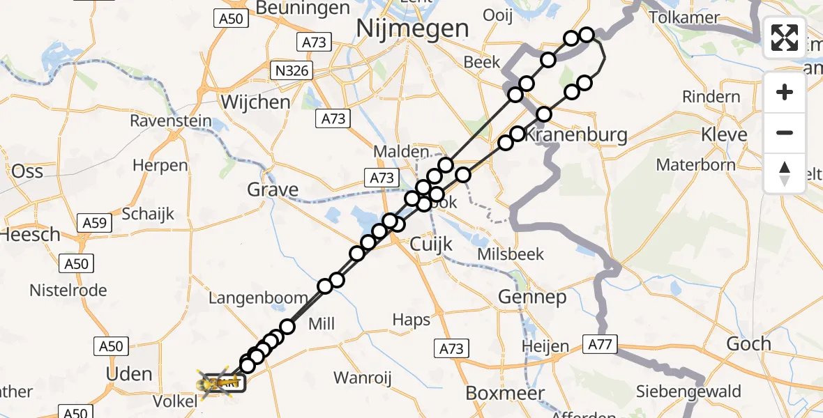 Vluchtroute Traumahelikopter van Vliegbasis Volkel naar Vliegbasis Volkel