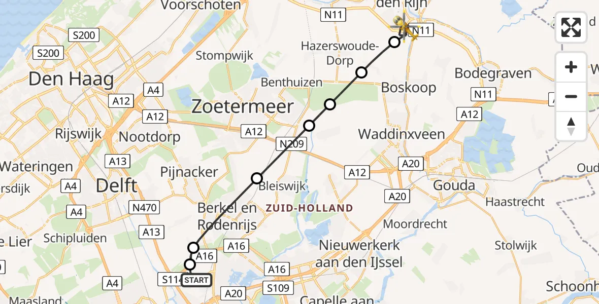 Vluchtroute Traumahelikopter van Rotterdam The Hague Airport naar Alphen aan den Rijn