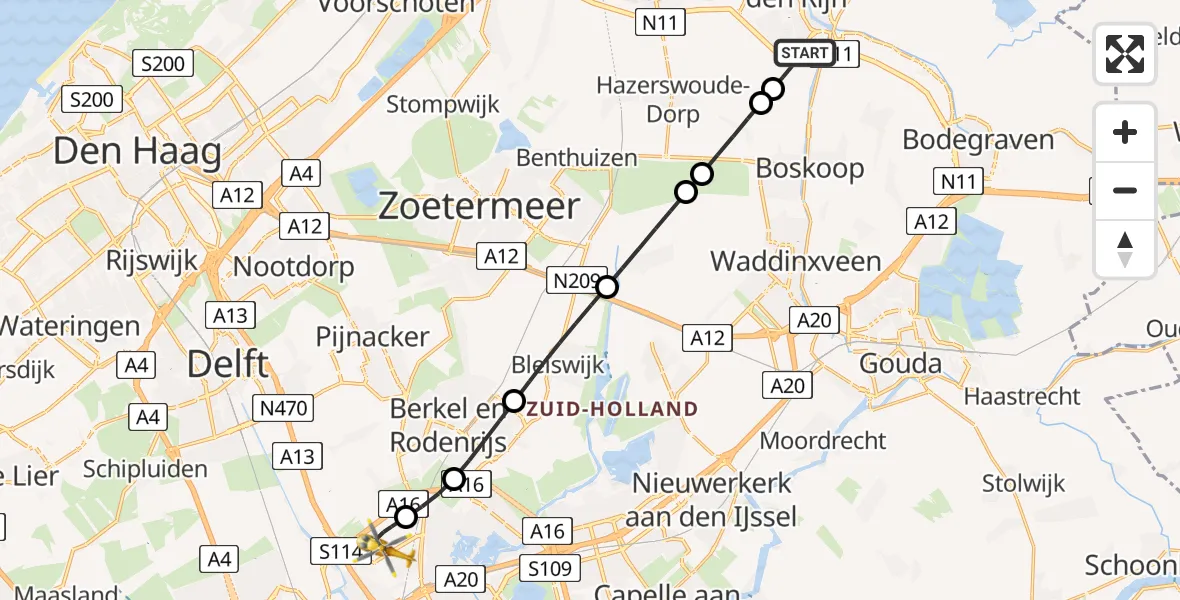 Vluchtroute Traumahelikopter van Alphen aan den Rijn naar Rotterdam The Hague Airport