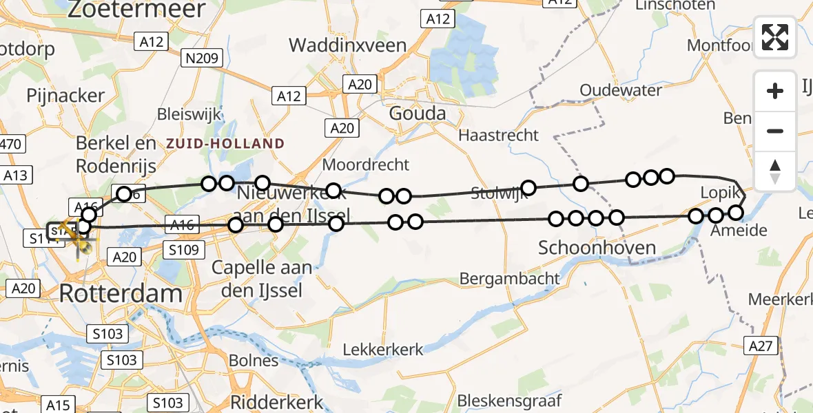 Vluchtroute Traumahelikopter van Rotterdam The Hague Airport naar Rotterdam The Hague Airport