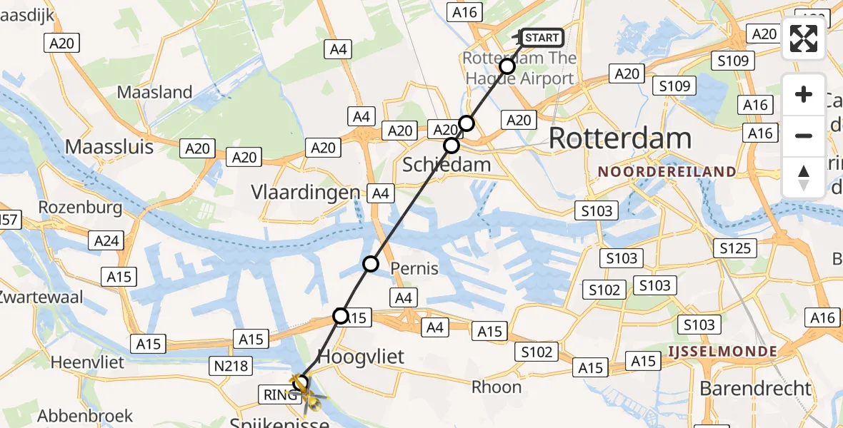 Vluchtroute Traumahelikopter van Rotterdam The Hague Airport naar Spijkenisse