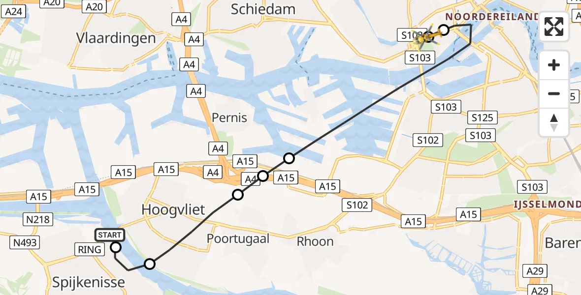 Vluchtroute Traumahelikopter van Hoogvliet naar Leids Universitair Medisch Centrum (LUMC)