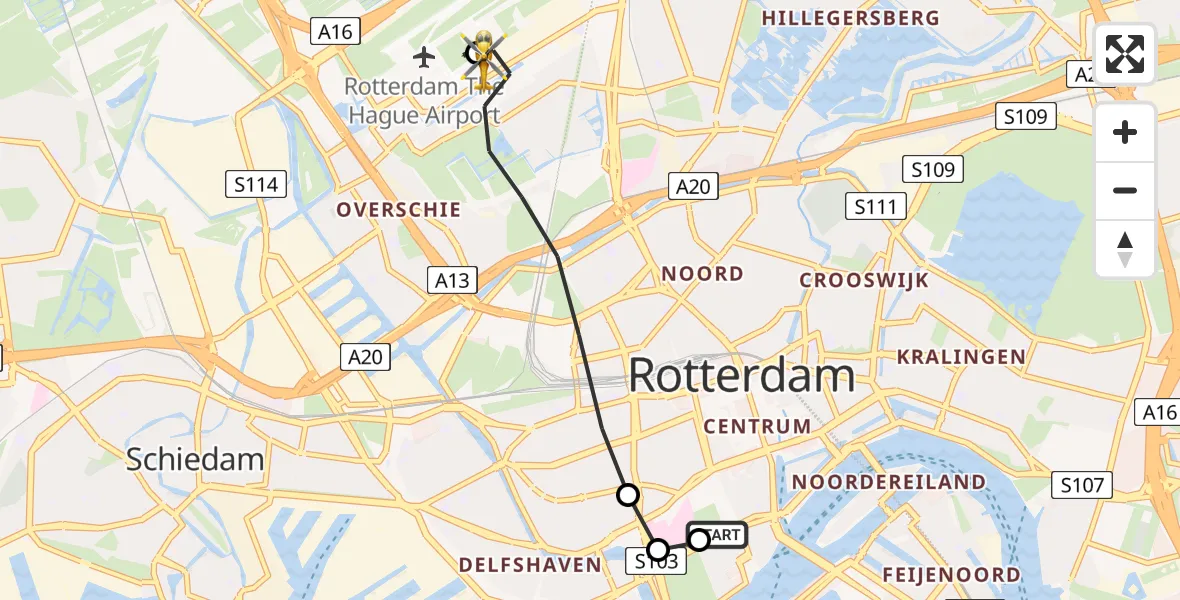 Vluchtroute Traumahelikopter van Leids Universitair Medisch Centrum (LUMC) naar Rotterdam The Hague Airport