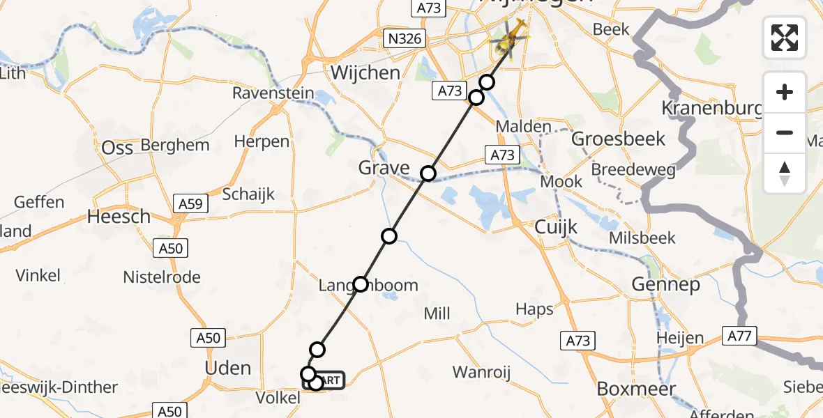Vluchtroute Traumahelikopter van Vliegbasis Volkel naar Nijmegen