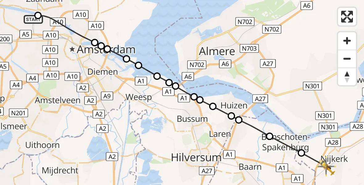 Vluchtroute Traumahelikopter van Amsterdam Heliport naar Nijkerk