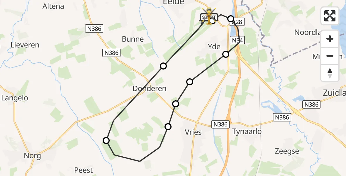 Vluchtroute Traumahelikopter van Groningen Airport Eelde naar Groningen Airport Eelde