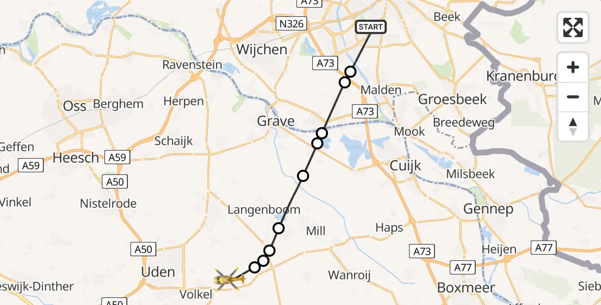Vluchtroute Traumahelikopter van Nijmegen naar Vliegbasis Volkel