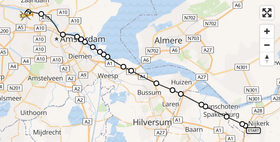Vluchtroute Traumahelikopter van Nijkerk naar Amsterdam Heliport