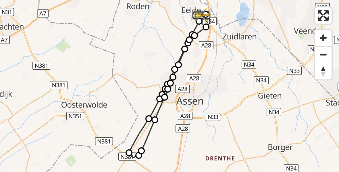 Vluchtroute Traumahelikopter van Groningen Airport Eelde naar Groningen Airport Eelde