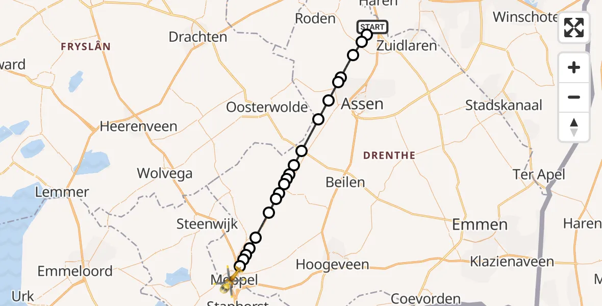 Vluchtroute Traumahelikopter van Groningen Airport Eelde naar Meppel