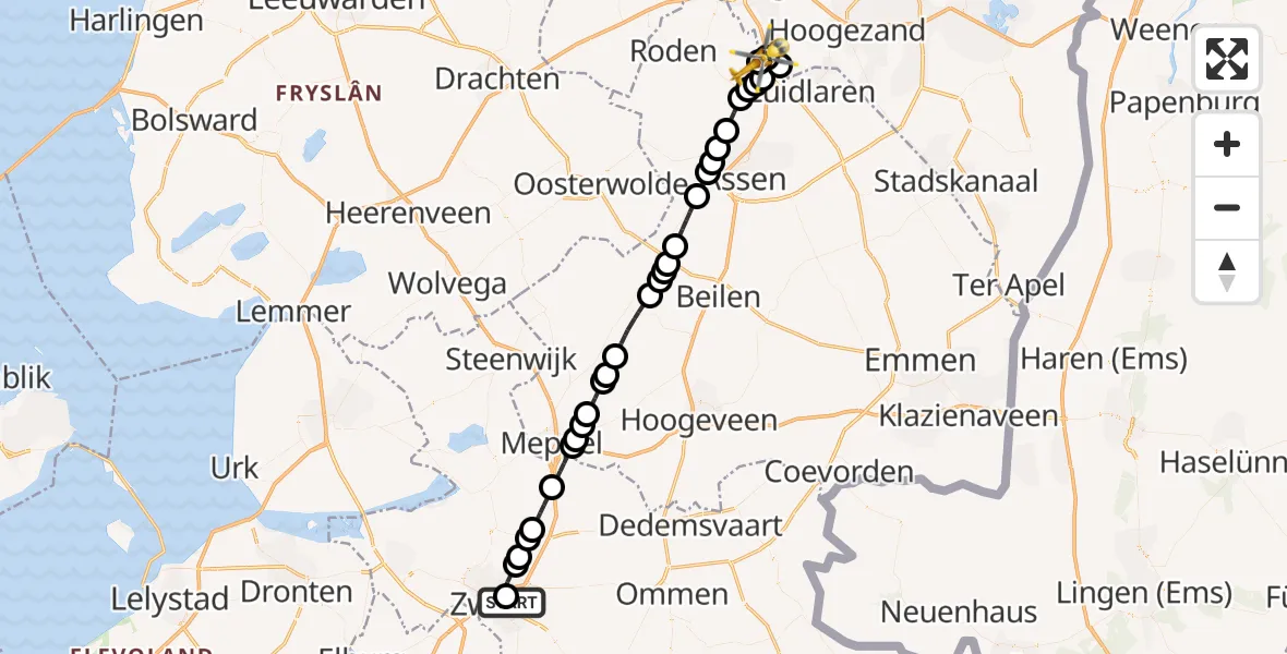Vluchtroute Traumahelikopter van Isala Hospital Zwolle Heliport naar Groningen Airport Eelde