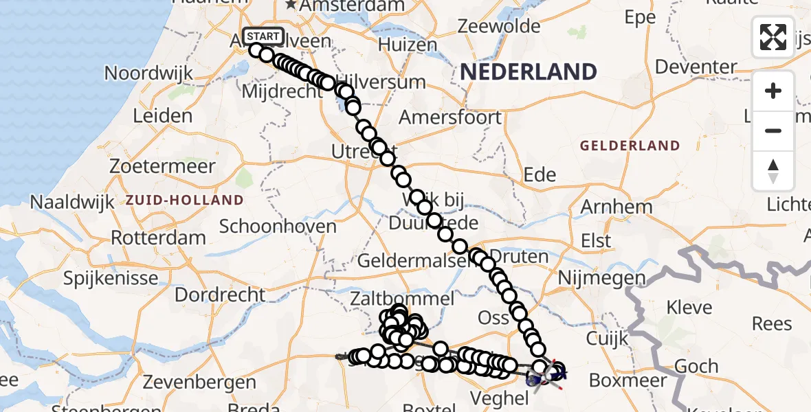 Vluchtroute Politiehelikopter van Amsterdam Vliegveld Schiphol naar Vliegbasis Volkel