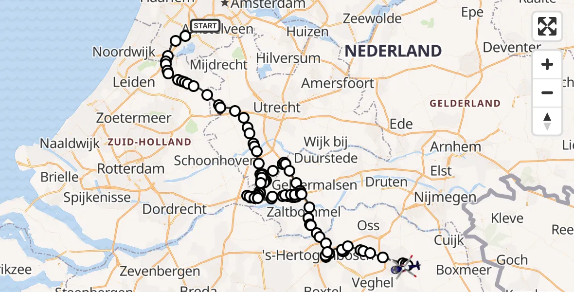 Vluchtroute Politiehelikopter van Amsterdam Vliegveld Schiphol naar Vliegbasis Volkel