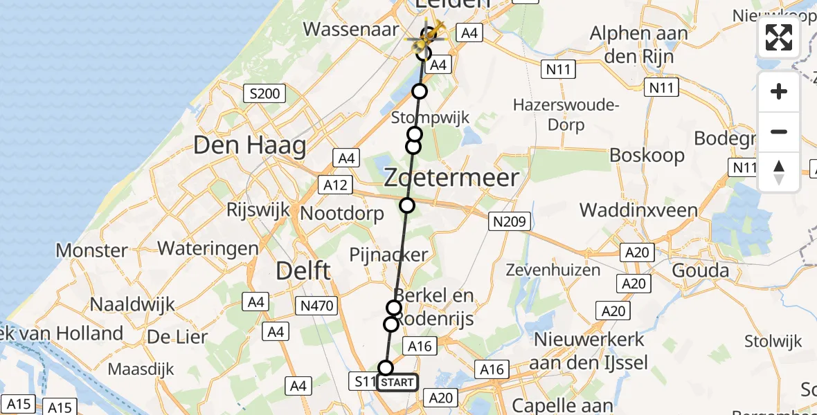 Vluchtroute Traumahelikopter van Rotterdam The Hague Airport naar Leiden
