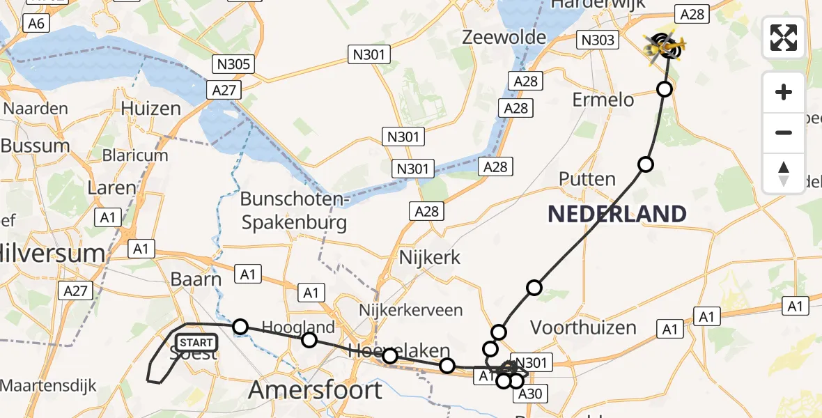 Vluchtroute Traumahelikopter van Soest naar Harderwijk