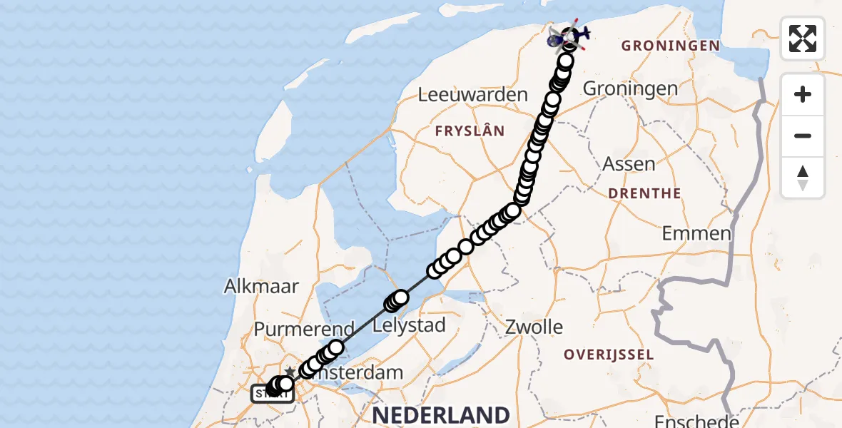 Vluchtroute Politiehelikopter van Amsterdam Vliegveld Schiphol naar Lauwersoog