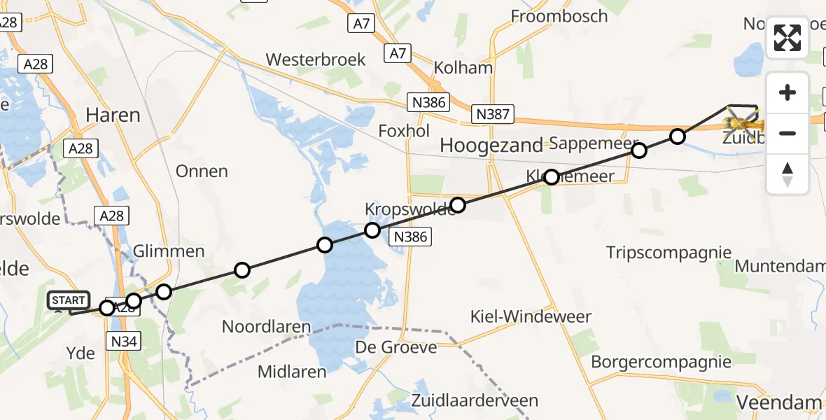 Vluchtroute Traumahelikopter van Groningen Airport Eelde naar Zuidbroek