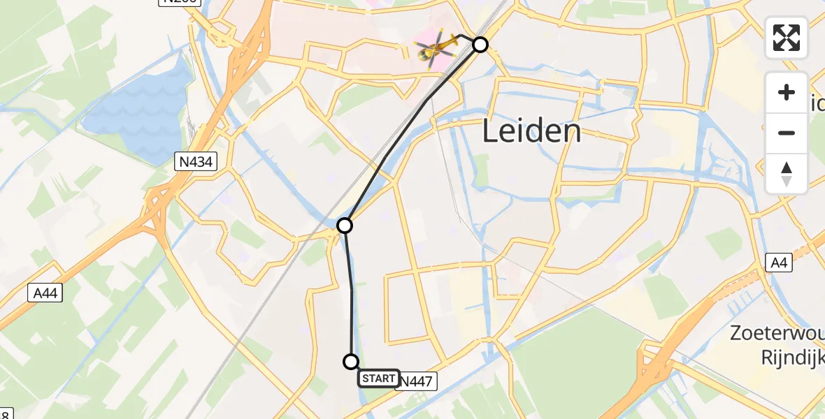 Vluchtroute Traumahelikopter van Leiden naar Leiden University Medical Center Heliport