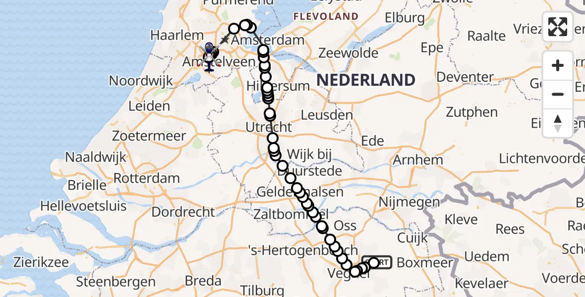 Vluchtroute Politiehelikopter van Vliegbasis Volkel naar Amsterdam Vliegveld Schiphol