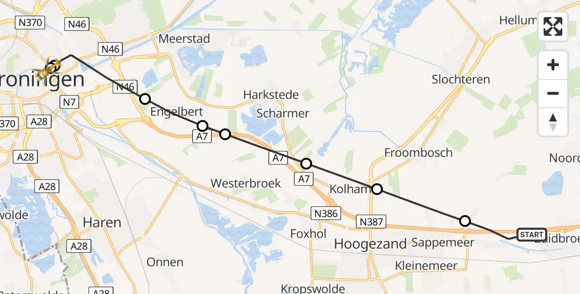 Vluchtroute Traumahelikopter van Zuidbroek naar Universitair Medisch Centrum Groningen