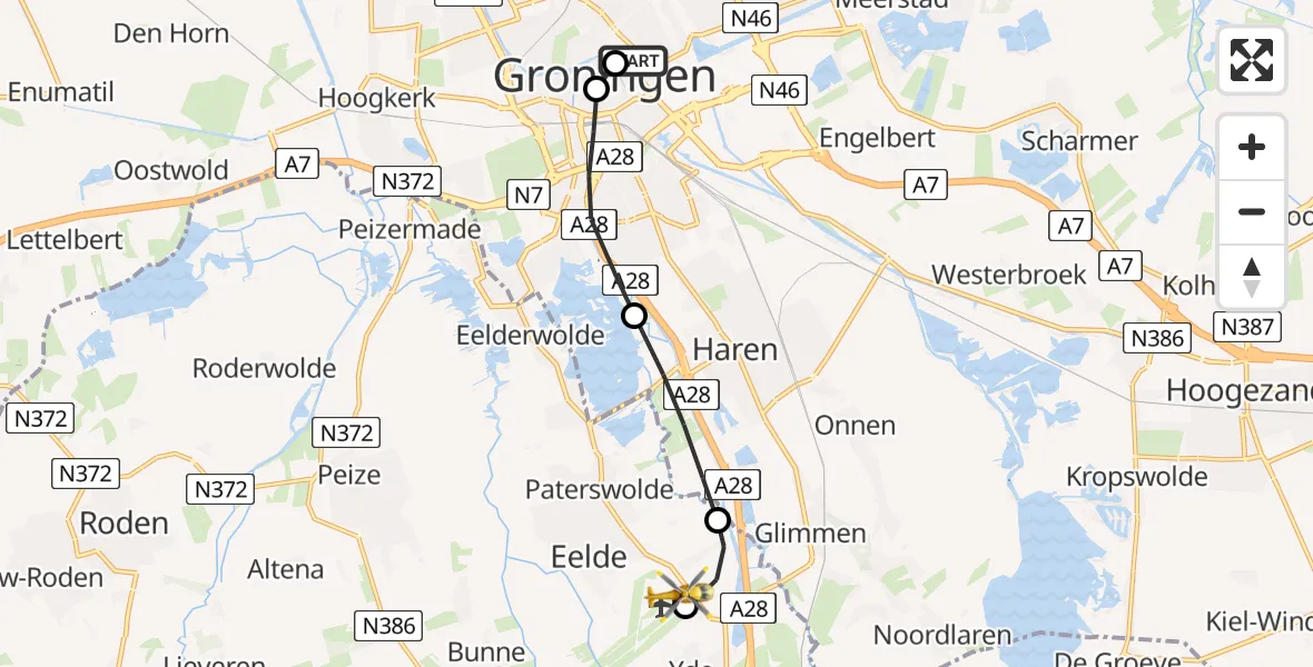 Vluchtroute Traumahelikopter van Universitair Medisch Centrum Groningen naar Groningen Airport Eelde