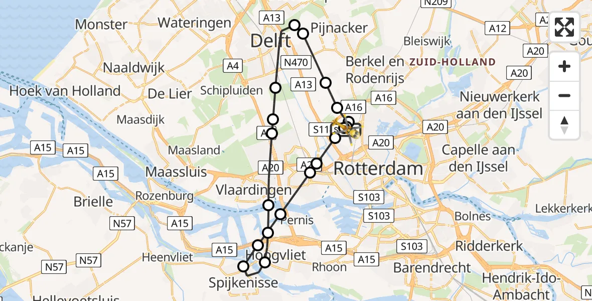 Vluchtroute Traumahelikopter van Rotterdam The Hague Airport naar Rotterdam The Hague Airport
