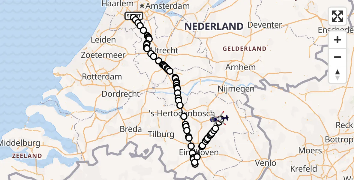 Vluchtroute Politiehelikopter van Amsterdam Vliegveld Schiphol naar Vliegbasis Volkel