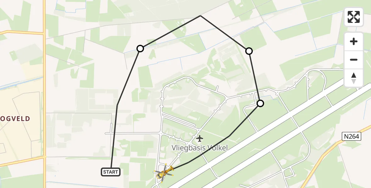 Vluchtroute Traumahelikopter van Vliegbasis Volkel naar Vliegbasis Volkel