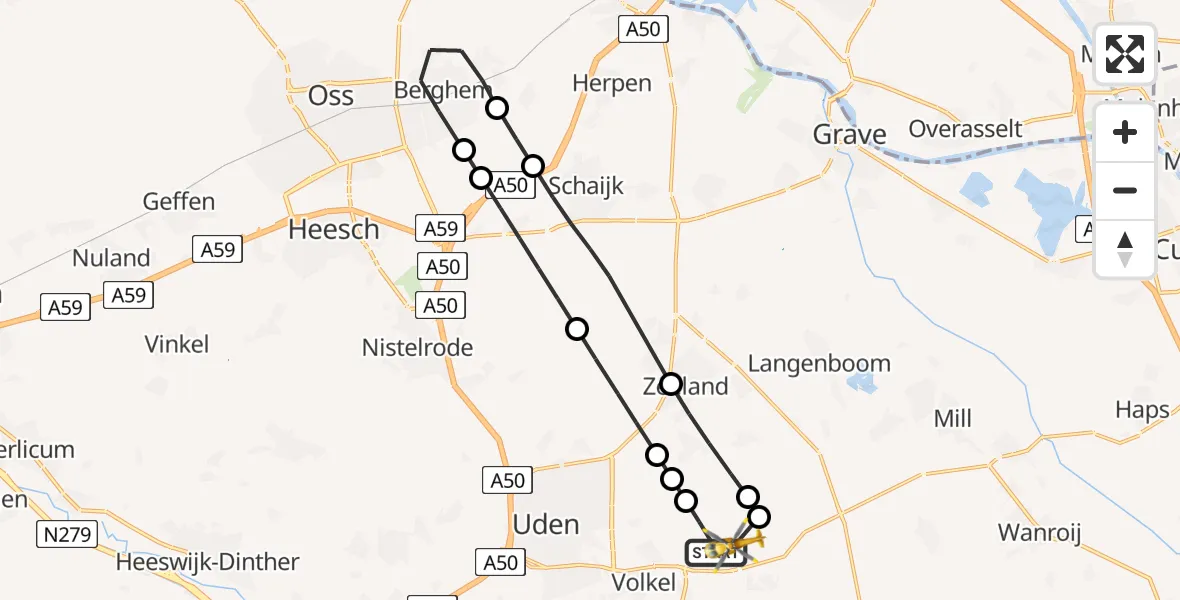 Vluchtroute Traumahelikopter van Vliegbasis Volkel naar Vliegbasis Volkel