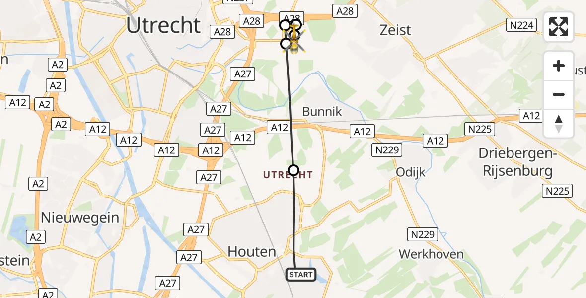 Vluchtroute Traumahelikopter van Houten naar Universitair Medisch Centrum Utrecht