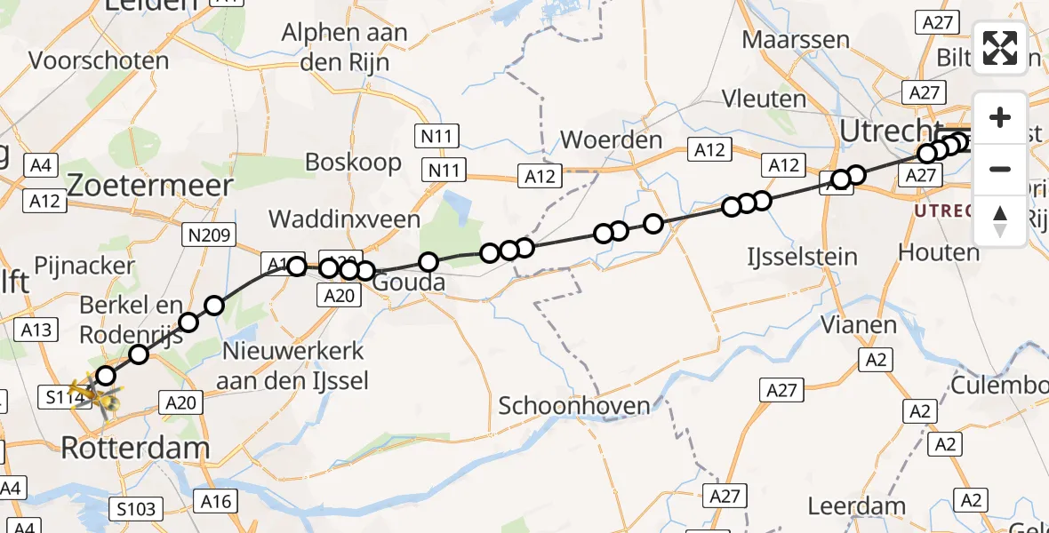 Vluchtroute Traumahelikopter van Universitair Medisch Centrum Utrecht naar Rotterdam The Hague Airport
