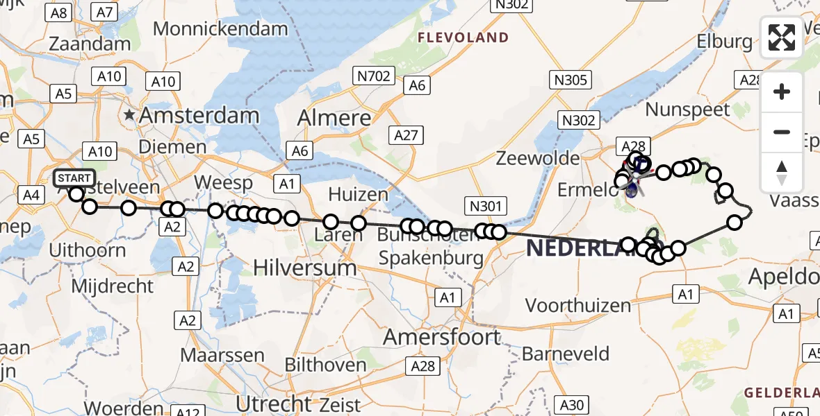 Vluchtroute Politiehelikopter van Amsterdam Vliegveld Schiphol naar Ermelo