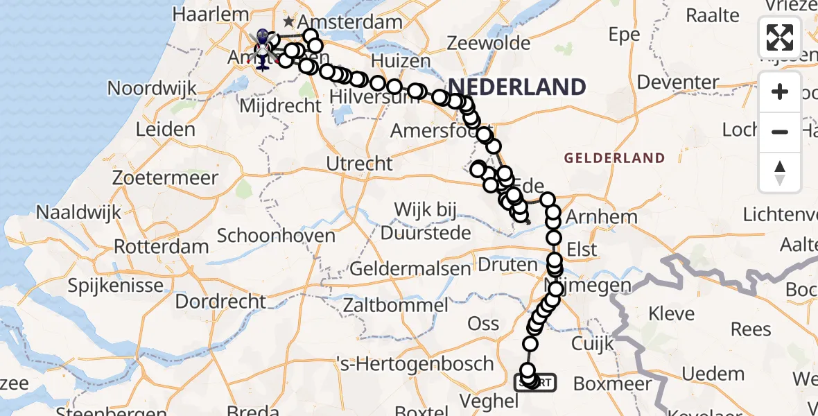 Vluchtroute Politiehelikopter van Vliegbasis Volkel naar Amsterdam Vliegveld Schiphol
