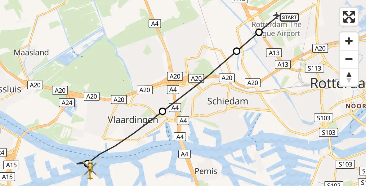 Vluchtroute Traumahelikopter van Rotterdam The Hague Airport naar Rotterdam