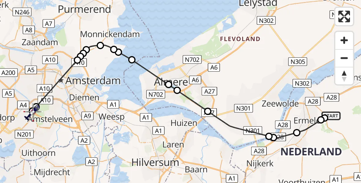 Vluchtroute Politiehelikopter van Ermelo naar Amsterdam Vliegveld Schiphol