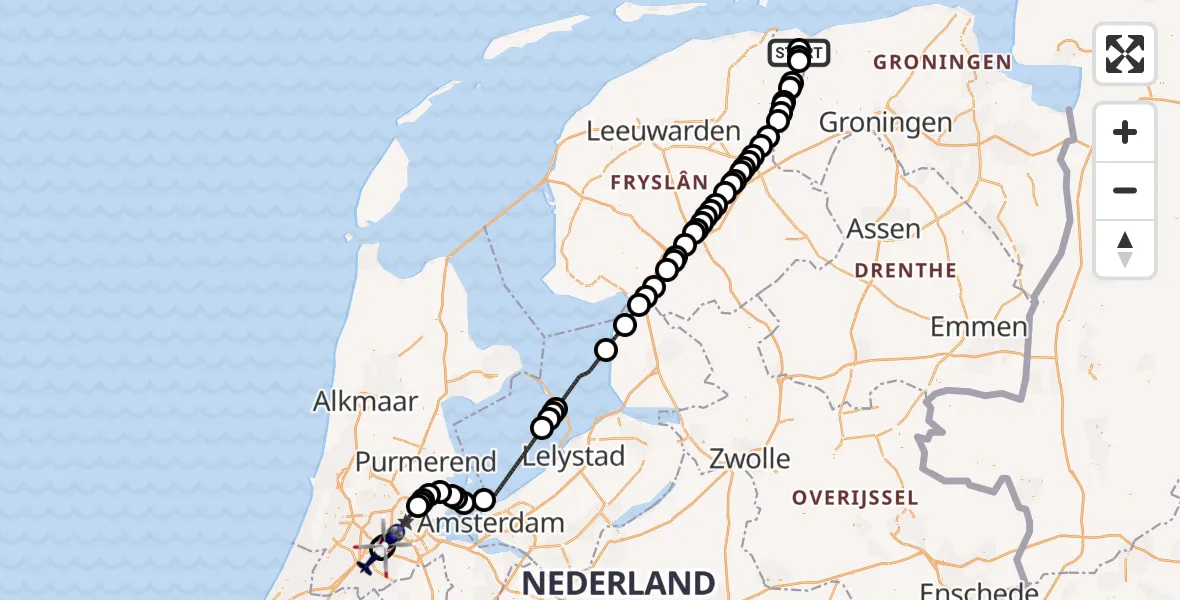 Vluchtroute Politiehelikopter van Lauwersoog naar Amsterdam Vliegveld Schiphol