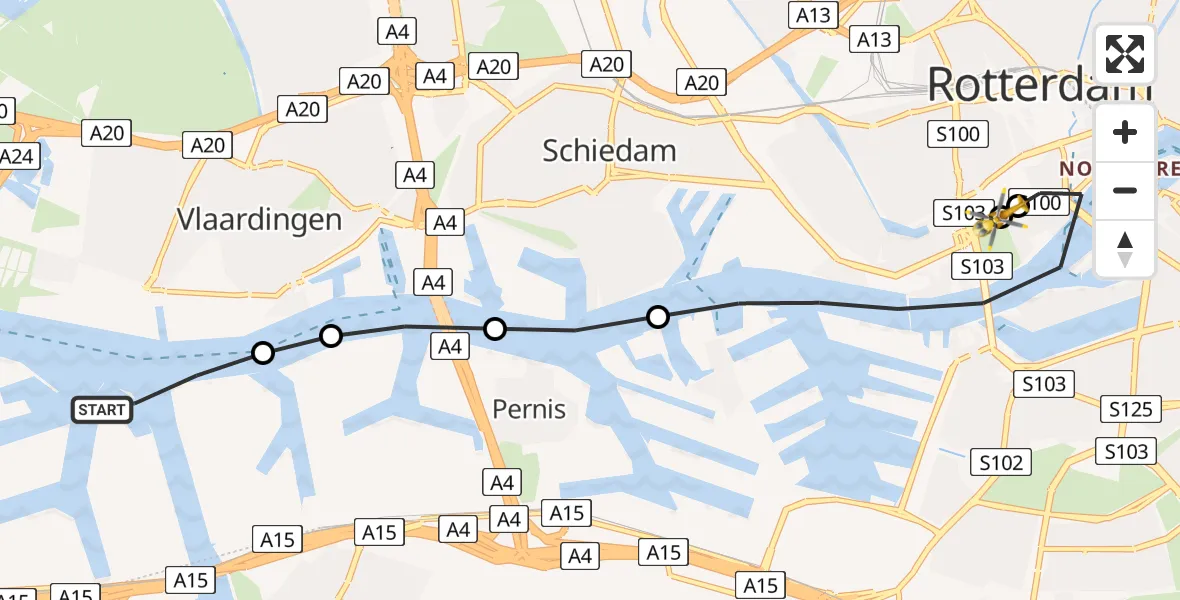 Vluchtroute Traumahelikopter van Rotterdam naar Leids Universitair Medisch Centrum (LUMC)