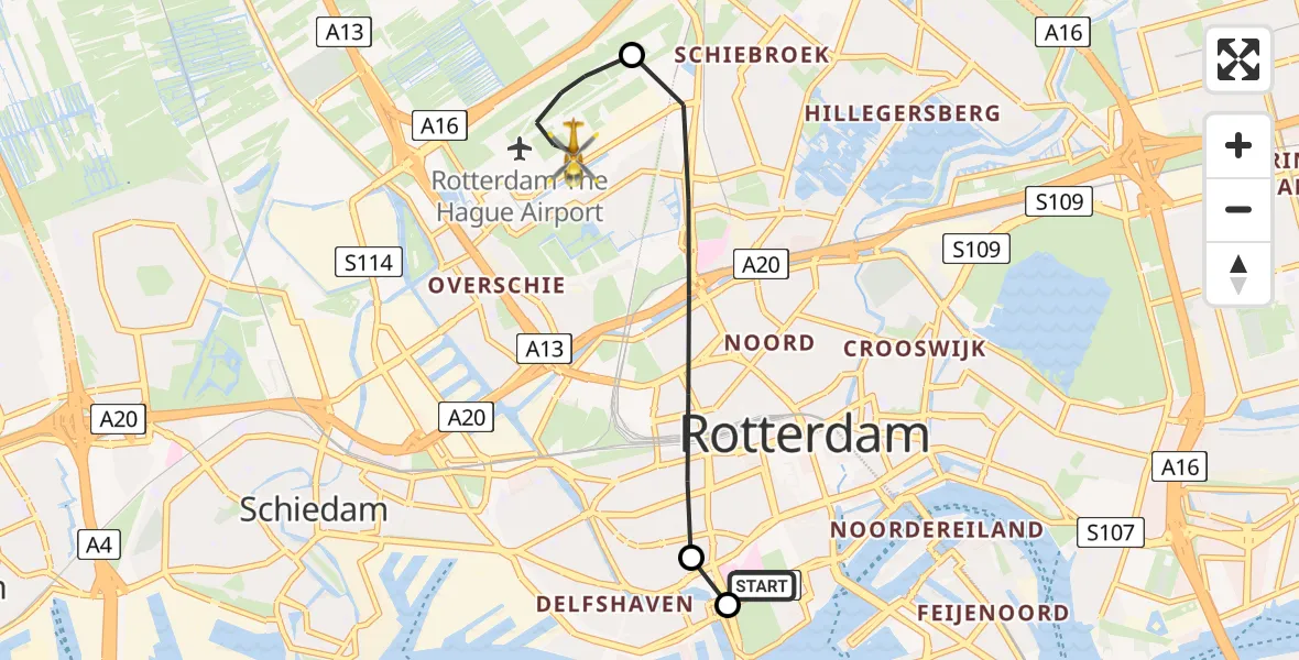 Vluchtroute Traumahelikopter van Leids Universitair Medisch Centrum (LUMC) naar Rotterdam The Hague Airport
