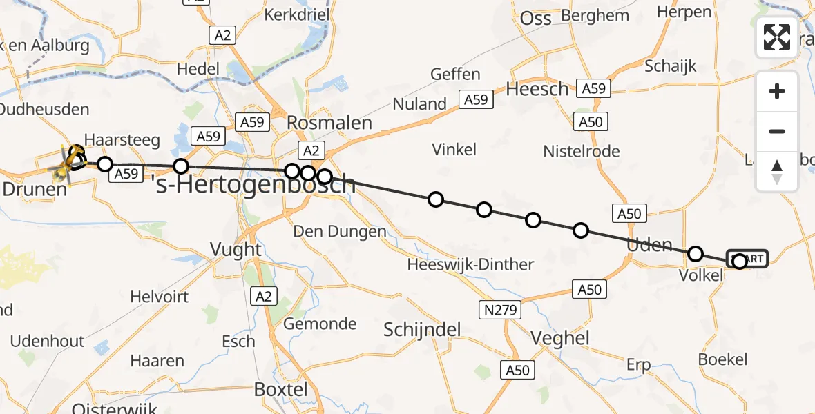 Vluchtroute Traumahelikopter van Vliegbasis Volkel naar Elshout