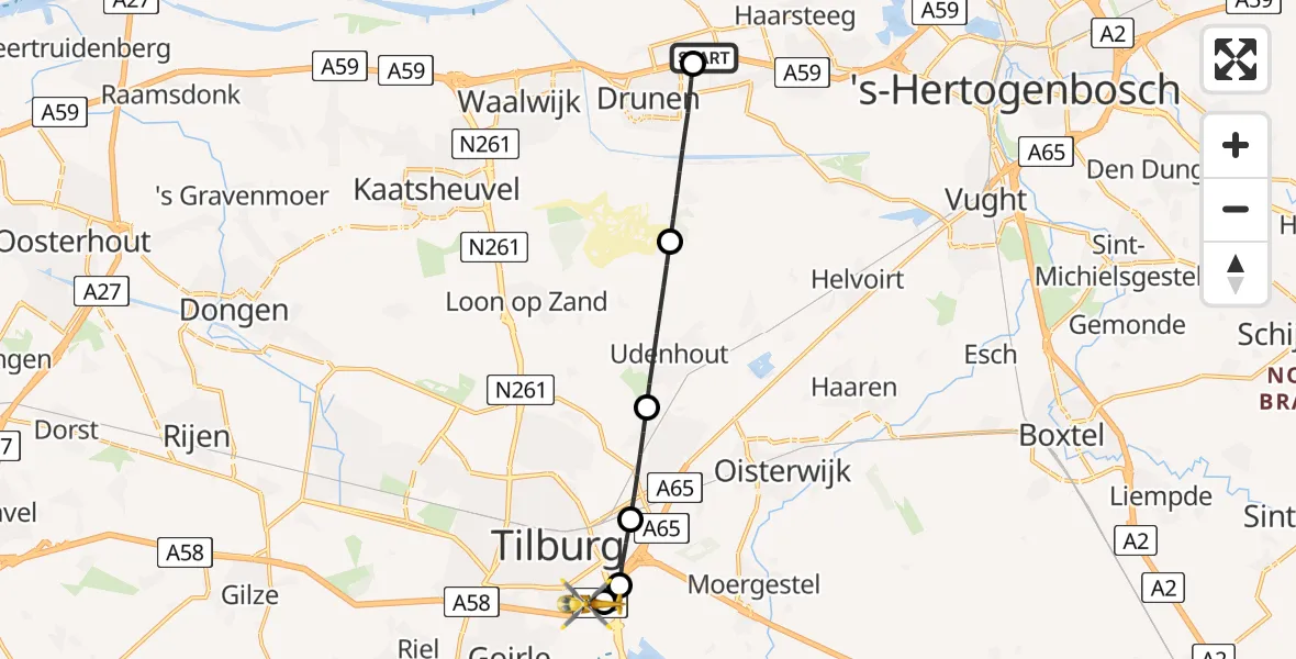Vluchtroute Traumahelikopter van Elshout naar St. Elisabeth Hospital Heliport