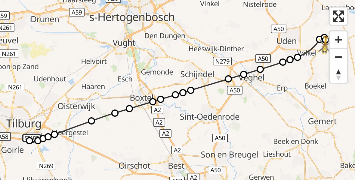 Vluchtroute Traumahelikopter van St. Elisabeth Hospital Heliport naar Vliegbasis Volkel