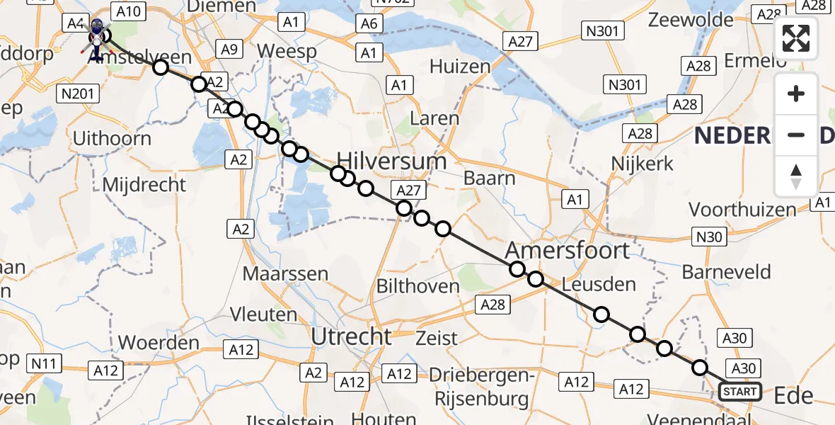 Vluchtroute Politiehelikopter van Ederveen naar Amsterdam Vliegveld Schiphol