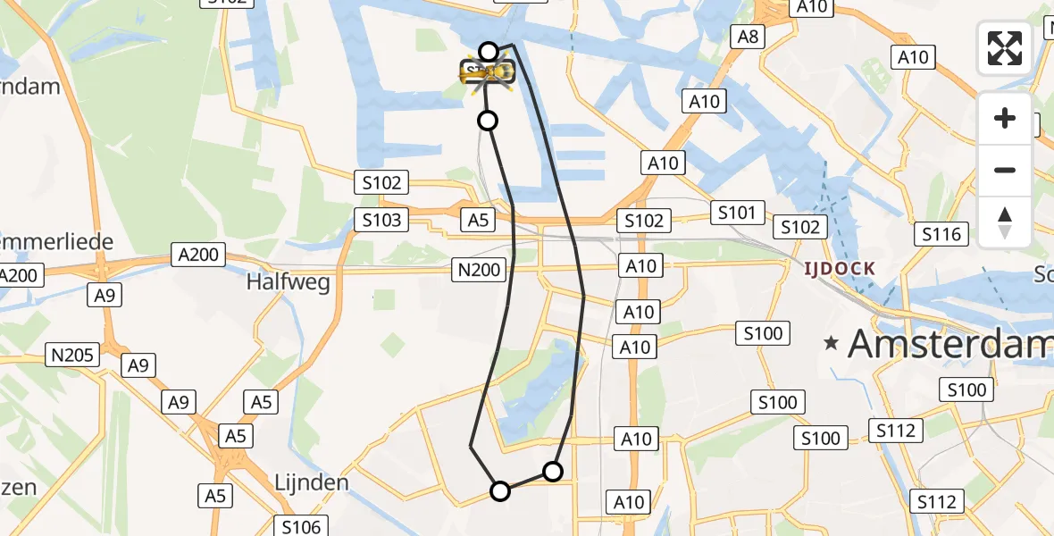 Vluchtroute Traumahelikopter van Amsterdam Heliport naar Amsterdam Heliport