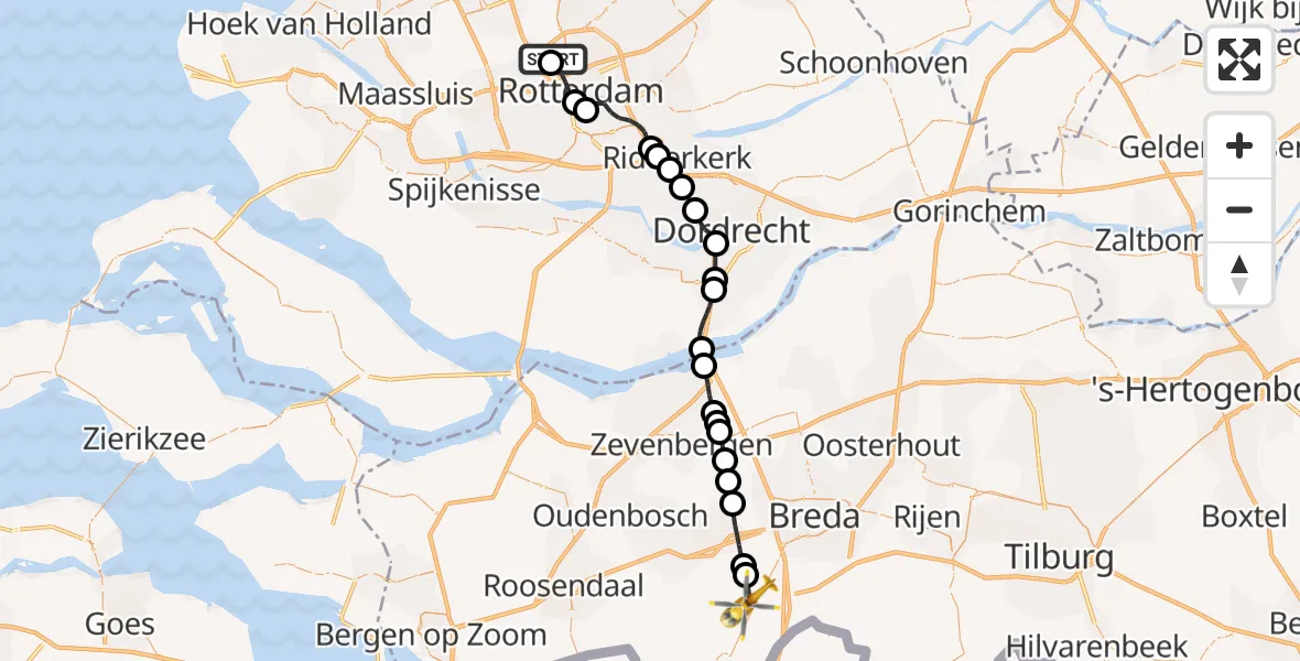 Vluchtroute Traumahelikopter van Rotterdam The Hague Airport naar Rijsbergen
